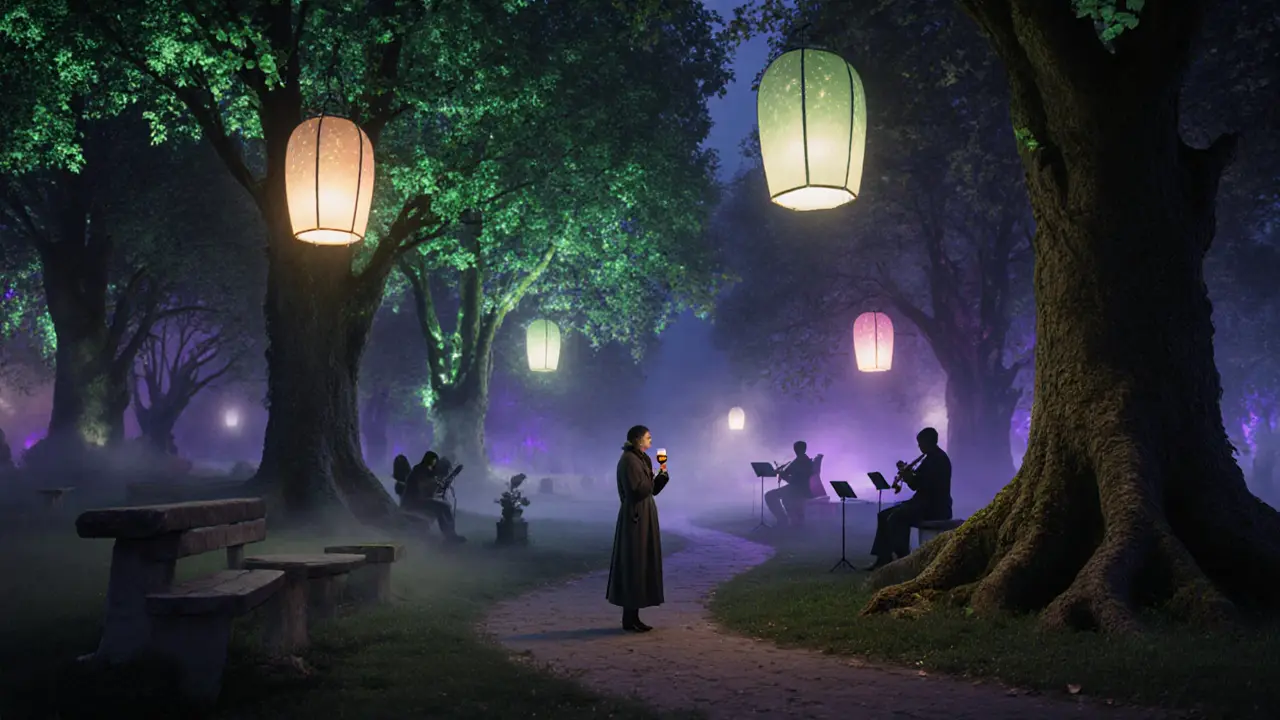 A magical nighttime garden with glowing trees and floating lanterns, serene and silent under twilight.