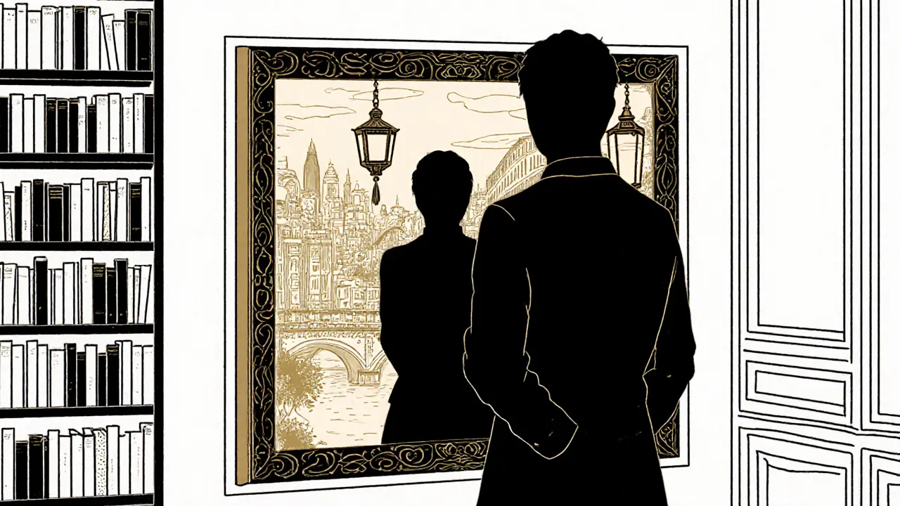 A person sees a reflection of Parisian culture—not their own face—but a glowing city of books, cafés, and bridges.