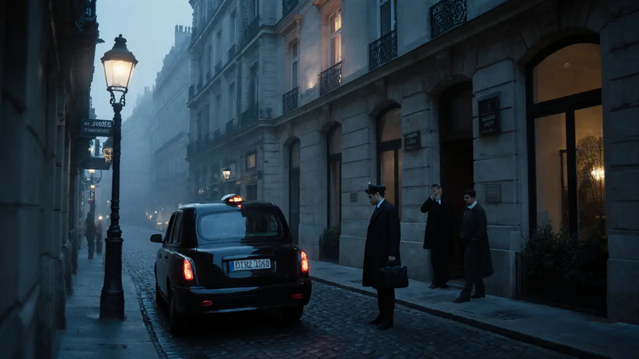 A quiet Paris alley at twilight with a taxi and doorman, no signs, just a hidden hotel entrance.