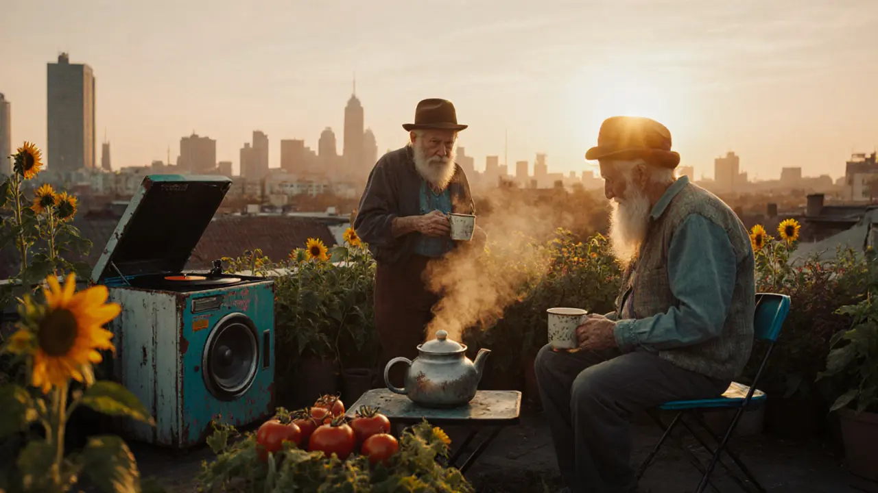 A rooftop garden above a laundromat at dusk, with vinyl records playing and sunflowers glowing in golden light.