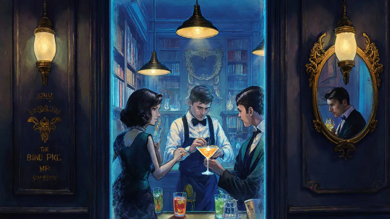 A secret speakeasy bar behind a fridge door, patrons sipping cocktails in vintage attire with soft golden lighting.