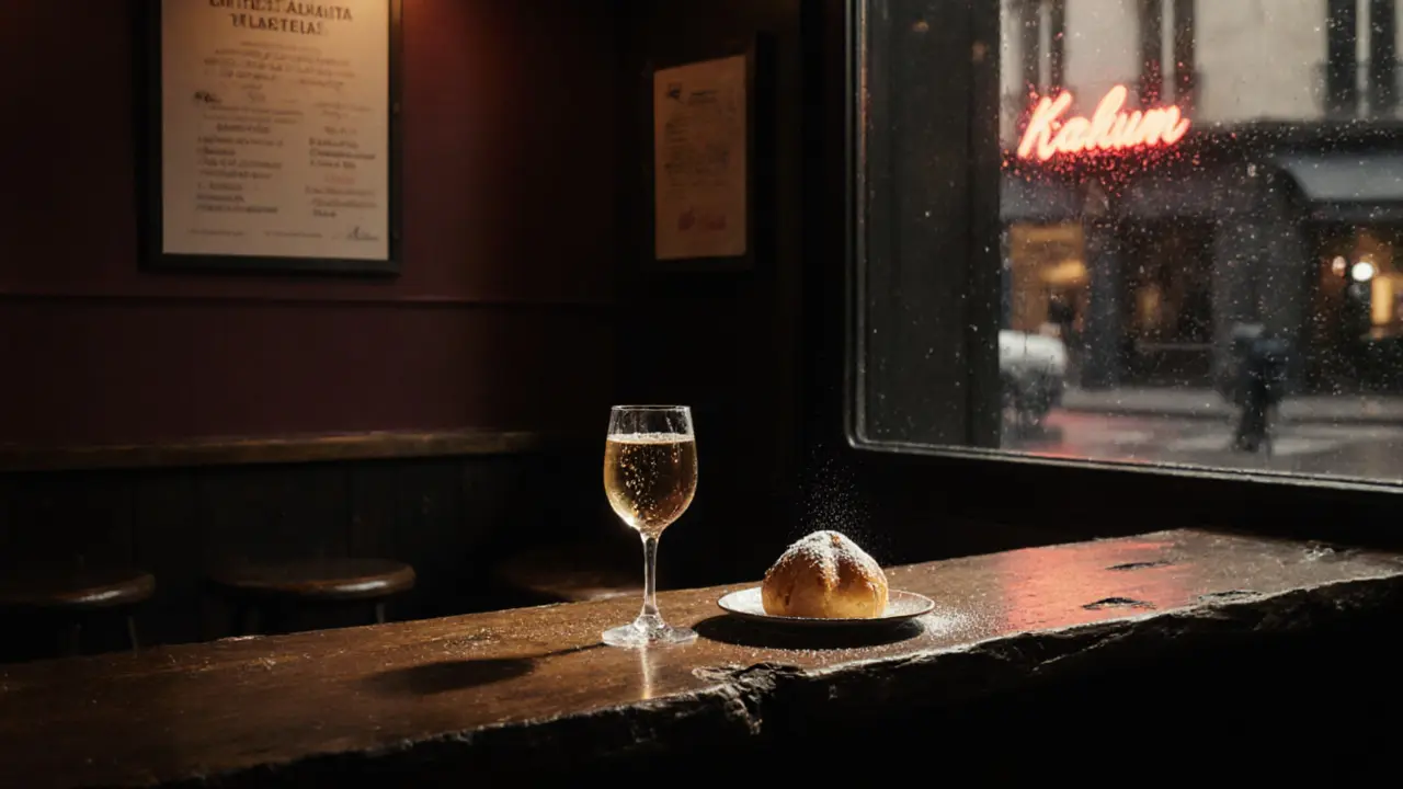 A single glass of natural wine and baba au rhum on a bar counter, dim light and rain-streaked window at 2 a.m.