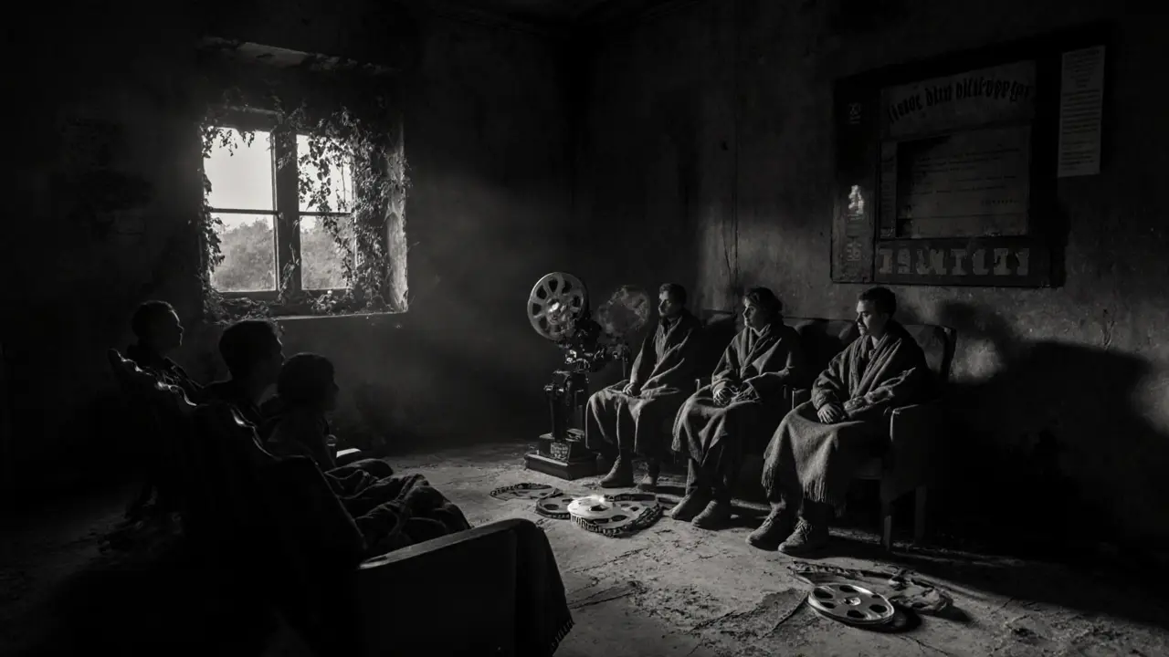 An abandoned cinema at night, with flickering projector light illuminating silent viewers on the floor.