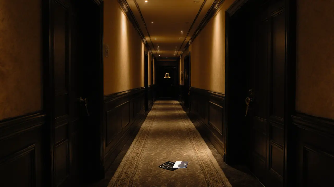An empty, dimly lit hotel hallway with a keycard on the floor, no cameras, evoking complete privacy.
