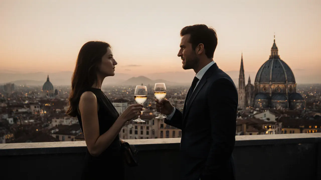Business traveler and escort on rooftop terrace watching Milan sunset.