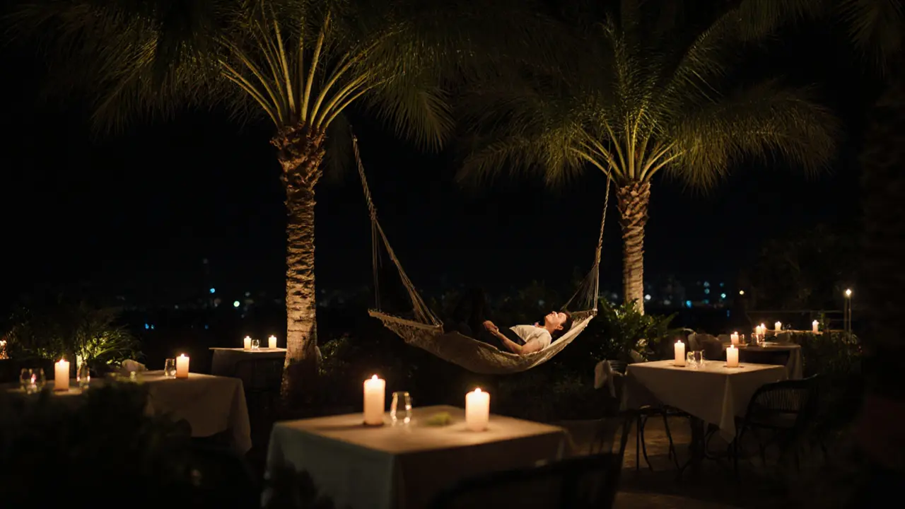 Candlelit garden with hammocks and quiet guests in a serene, phone-free夜晚 setting.
