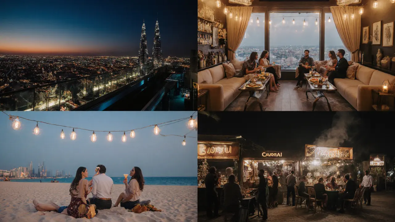 Cinematic view of rooftop bar, upscale club, beach bar, and night food stall.