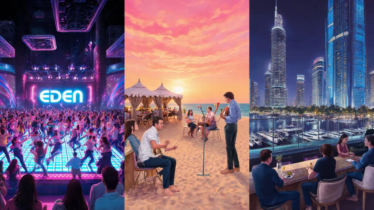 Collage of Yas Island club, Saadiyat beach club, and Downtown sky lounge.