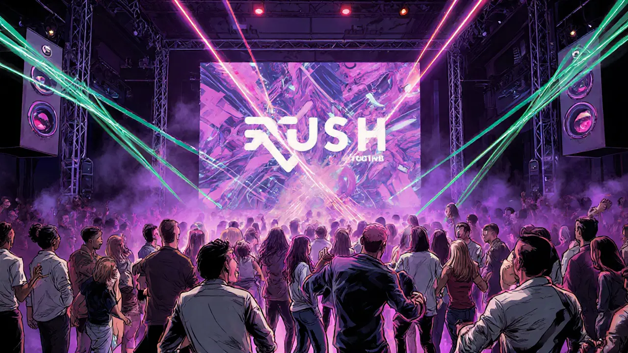 Comic‑style illustration of Rush club with lasers, LED screens, and dancing crowd.
