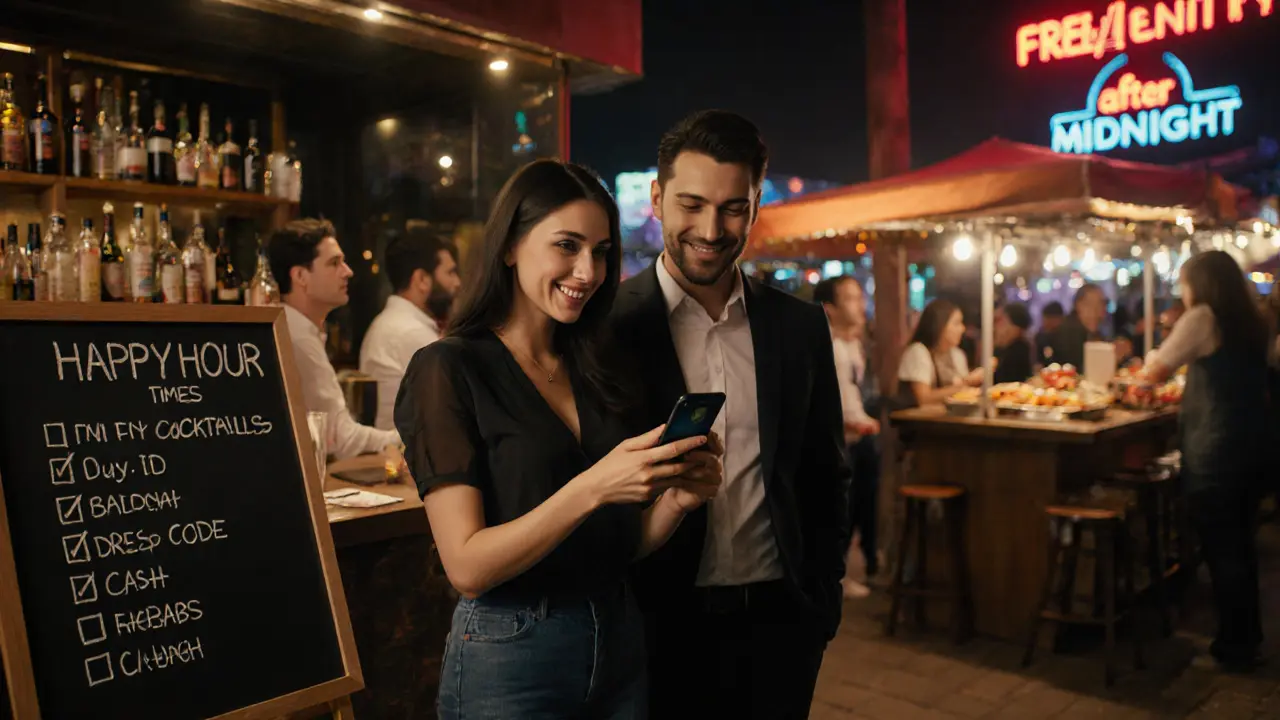 Couple checking a happy‑hour checklist beside a bar, with street food stall and club signs nearby.