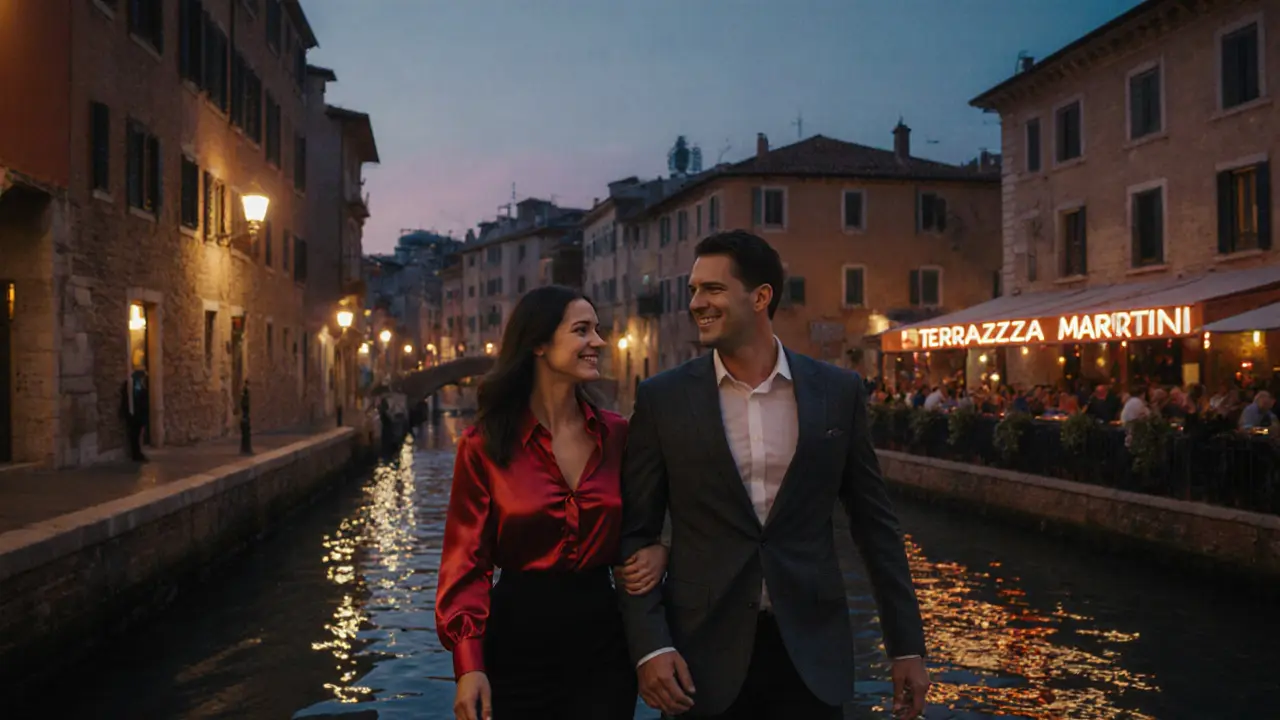 Couple strolling beside illuminated canals in Navigli district at twilight.