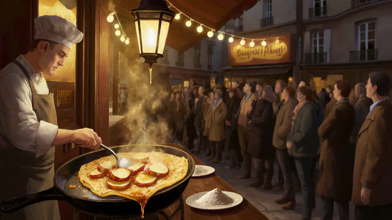 Crowd waiting outside a Montmartre crêperie at midnight, chef flipping golden crêpes under string lights.