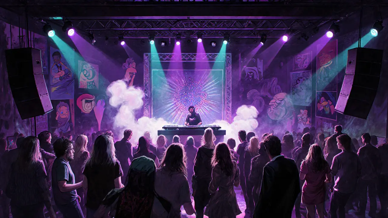 Dark club interior with DJ, colorful lights, and dancing crowd