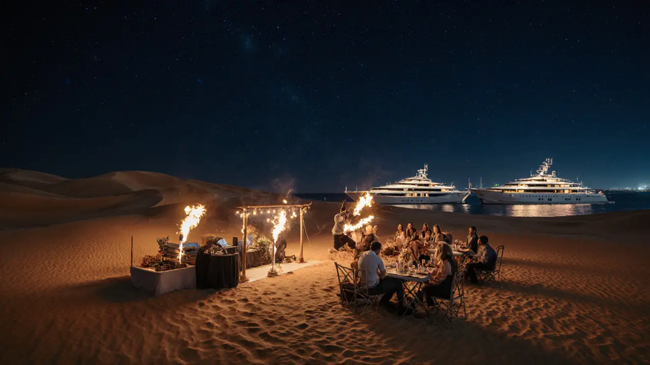 Desert safari party under stars with fireworks and beach yachts.