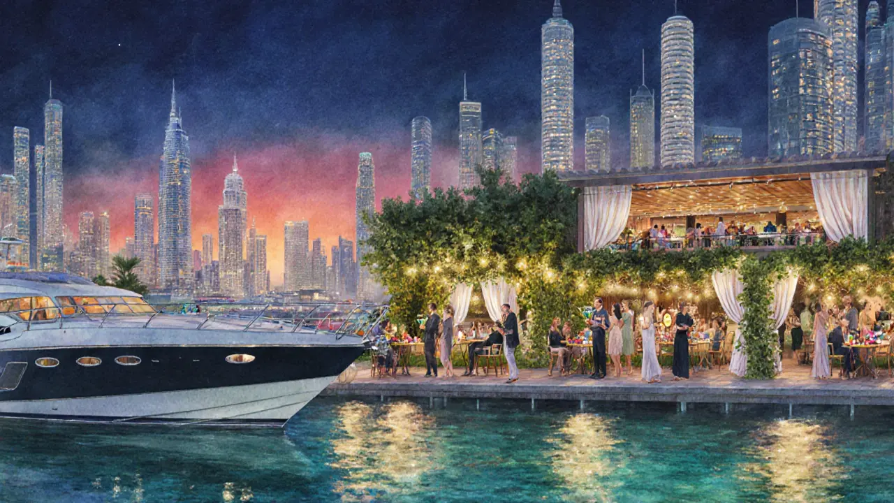 Dubai Marina waterfront at night with yacht, garden bar and cocktail guests under string lights.