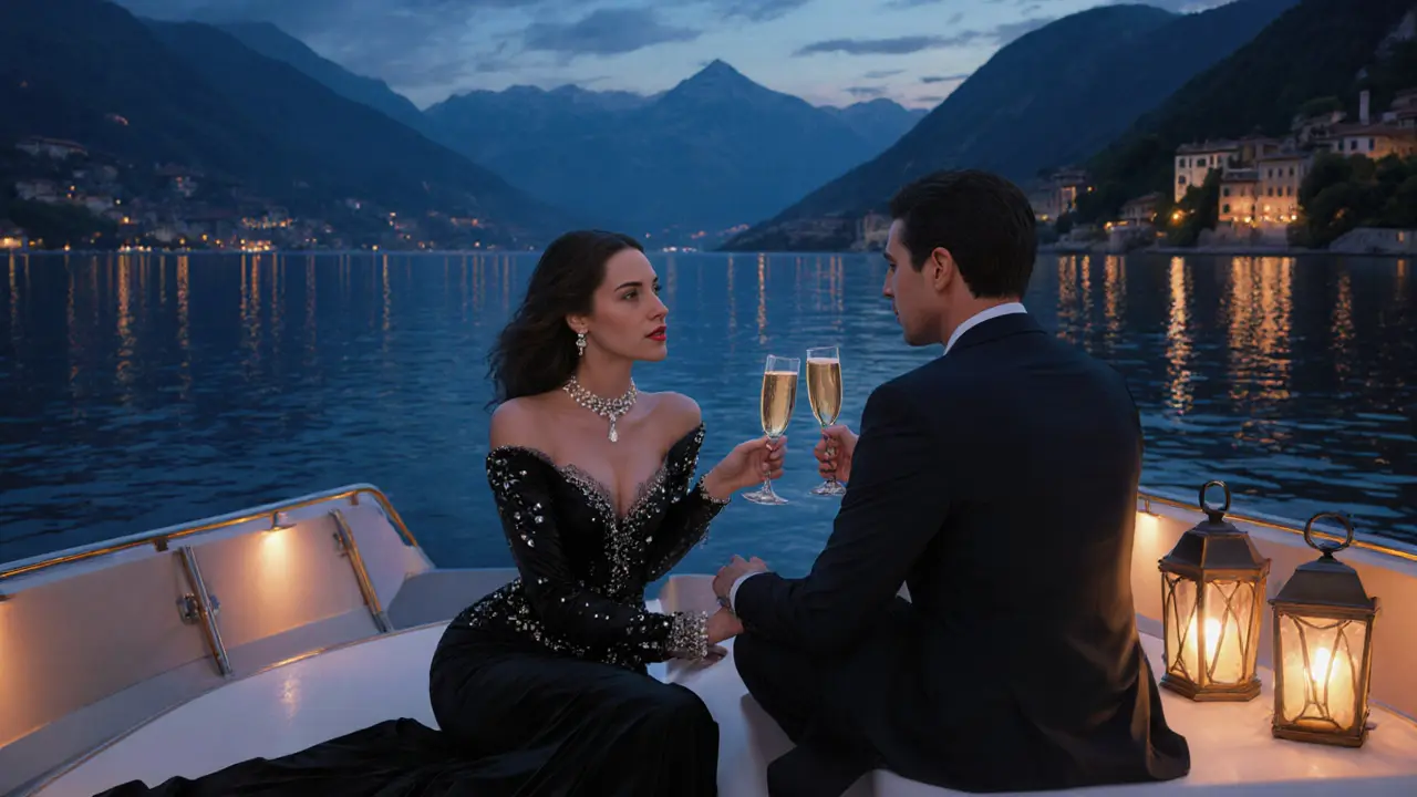 Elegant dinner aboard a private yacht on Lake Como with a well‑dressed companion.