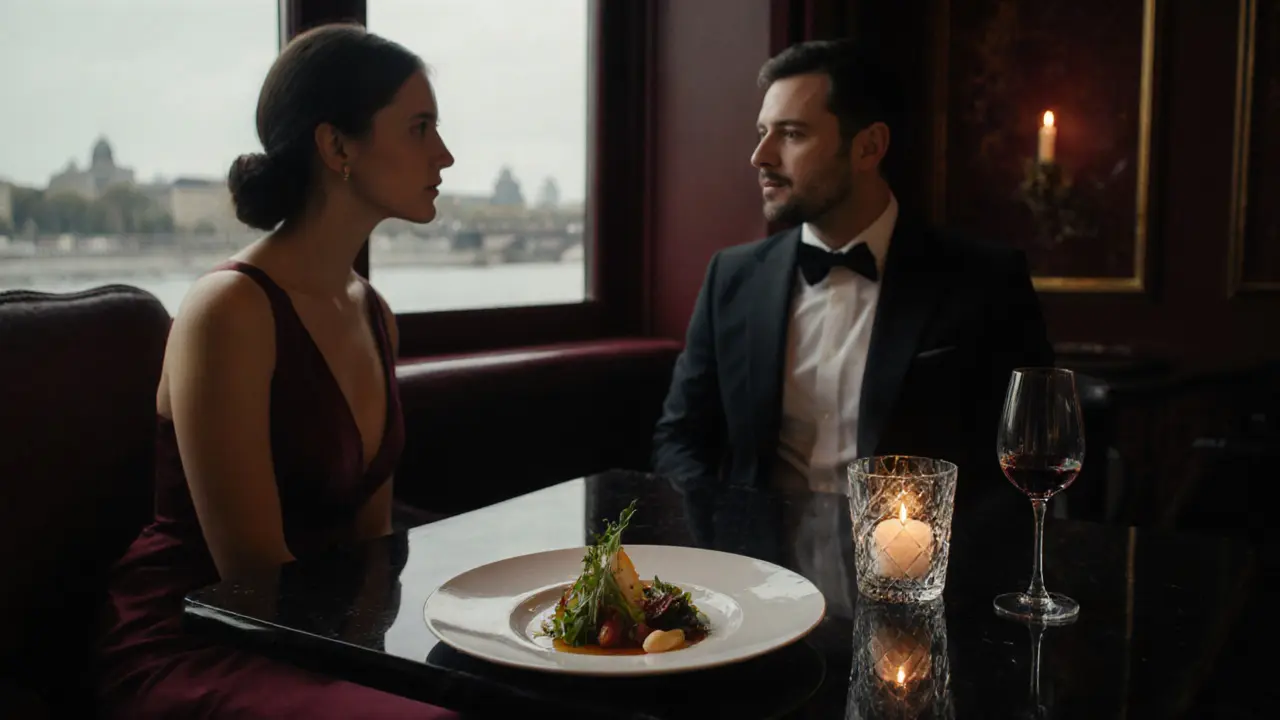 Elegant dinner scene at a Michelin‑star restaurant with plated dishes and a couple at a candlelit table.