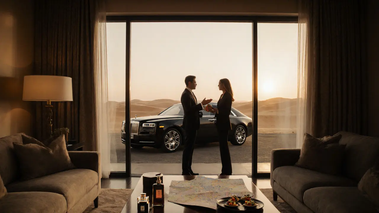 Elegant hotel suite interior showing escort, Rolls‑Royce, and itinerary details.