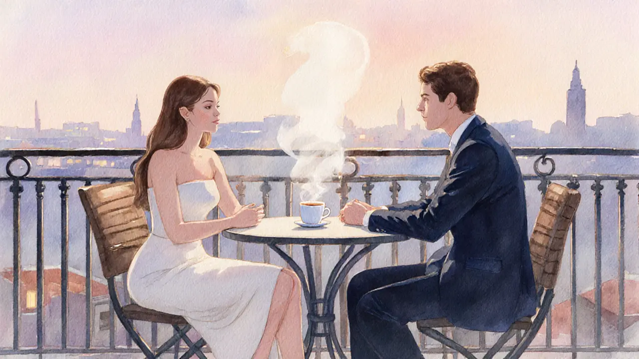 Escort and client having a respectful conversation on a dusk café terrace.