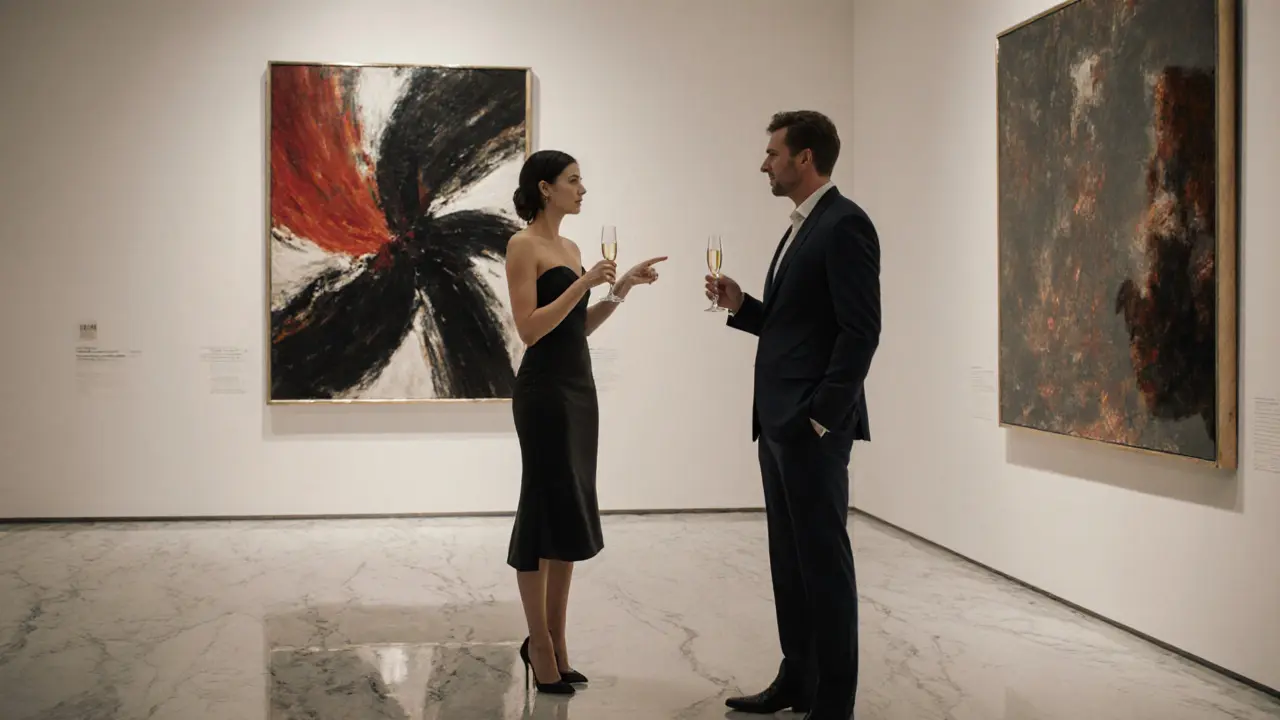 Escort and client share champagne in a Milan art gallery, admiring a highlighted masterpiece.