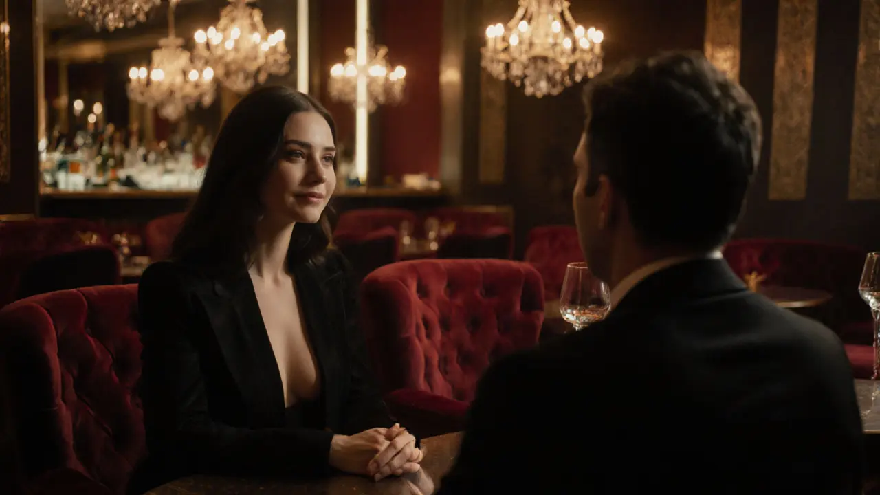 Escort and client sharing steady eye contact in a luxurious red‑velvet lounge.