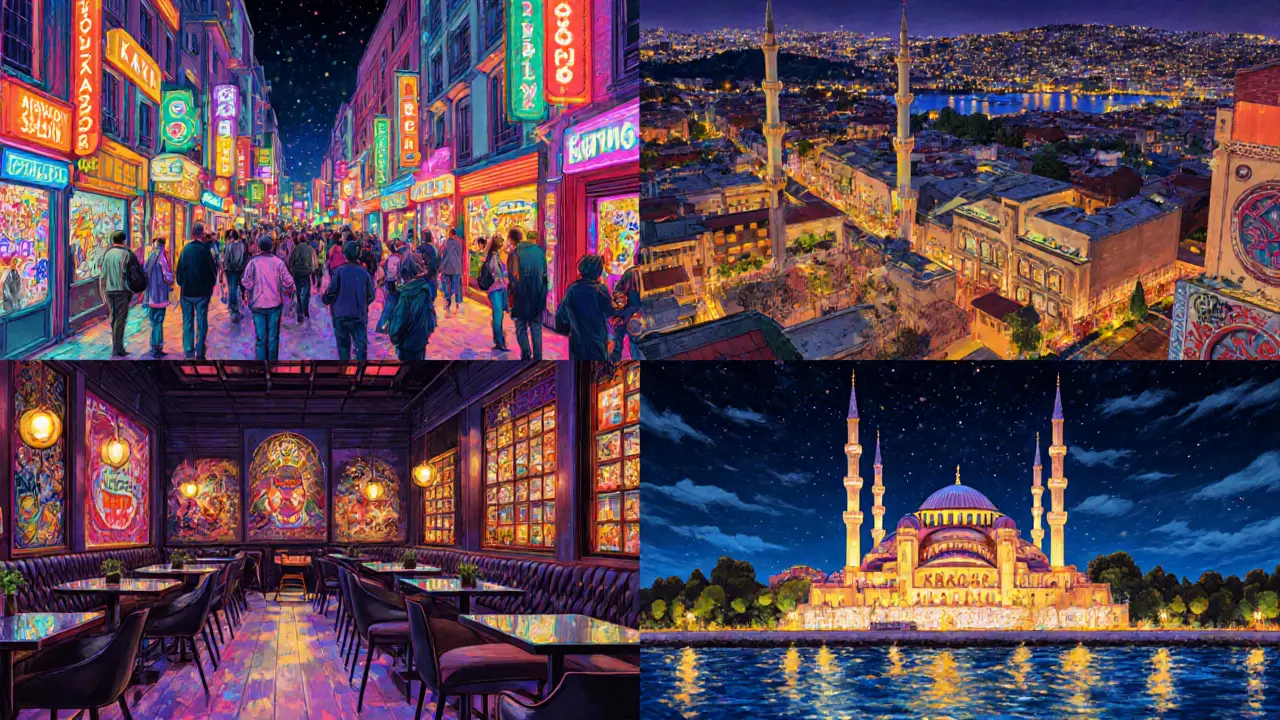 Four panels showing Beyoğlu, Kadıköy, Karaköy, and Ortaköy nightlife scenes.