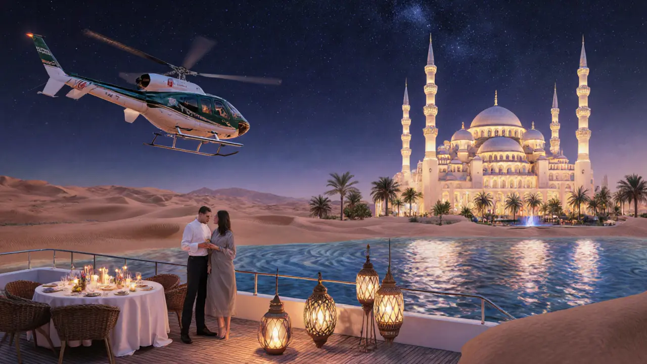 Helicopter over mosque and desert night with escort, chef, and spa ambiance.