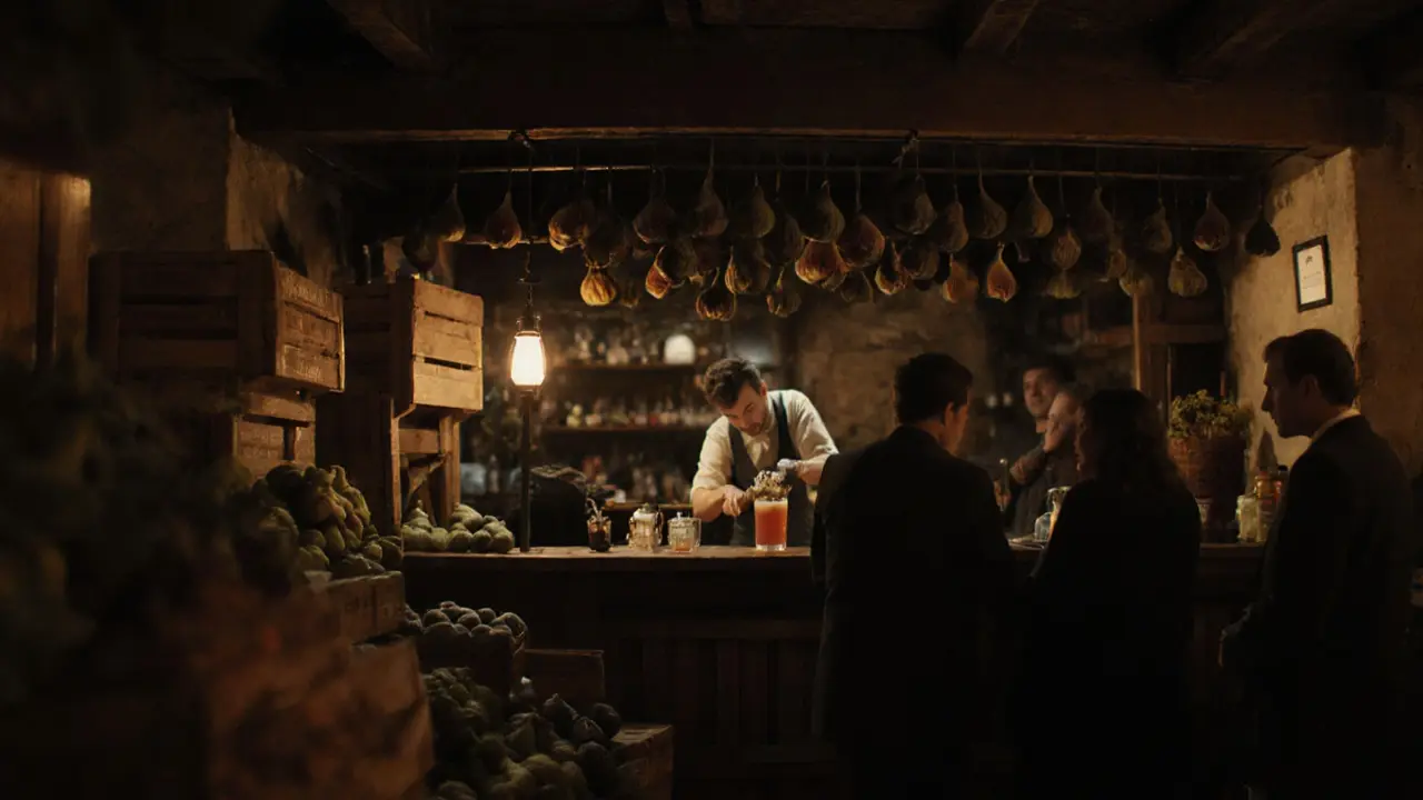 Hidden bar behind a fruit shop with bartender mixing drinks by firelight in warm, intimate setting.