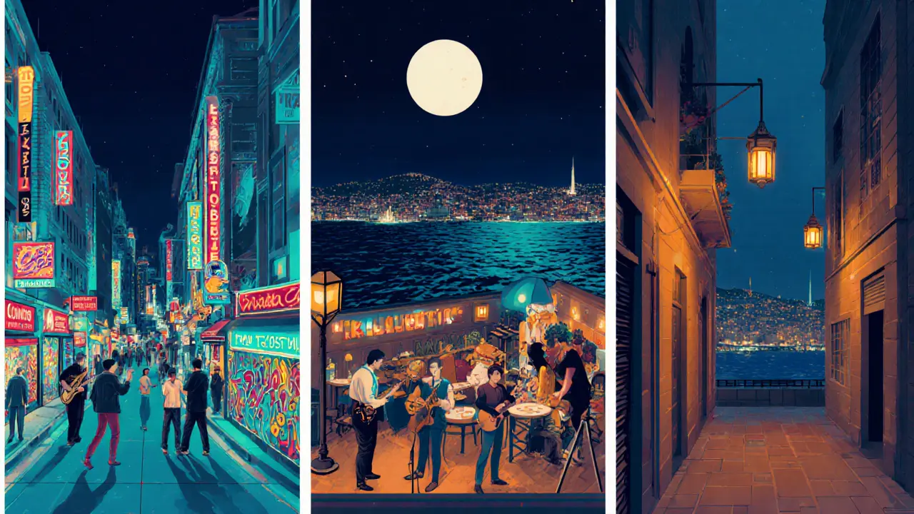 Illustrated collage of Beyoğlu jazz rooftop, Kadıköy graffiti bar, and Karaköy speakeasy.