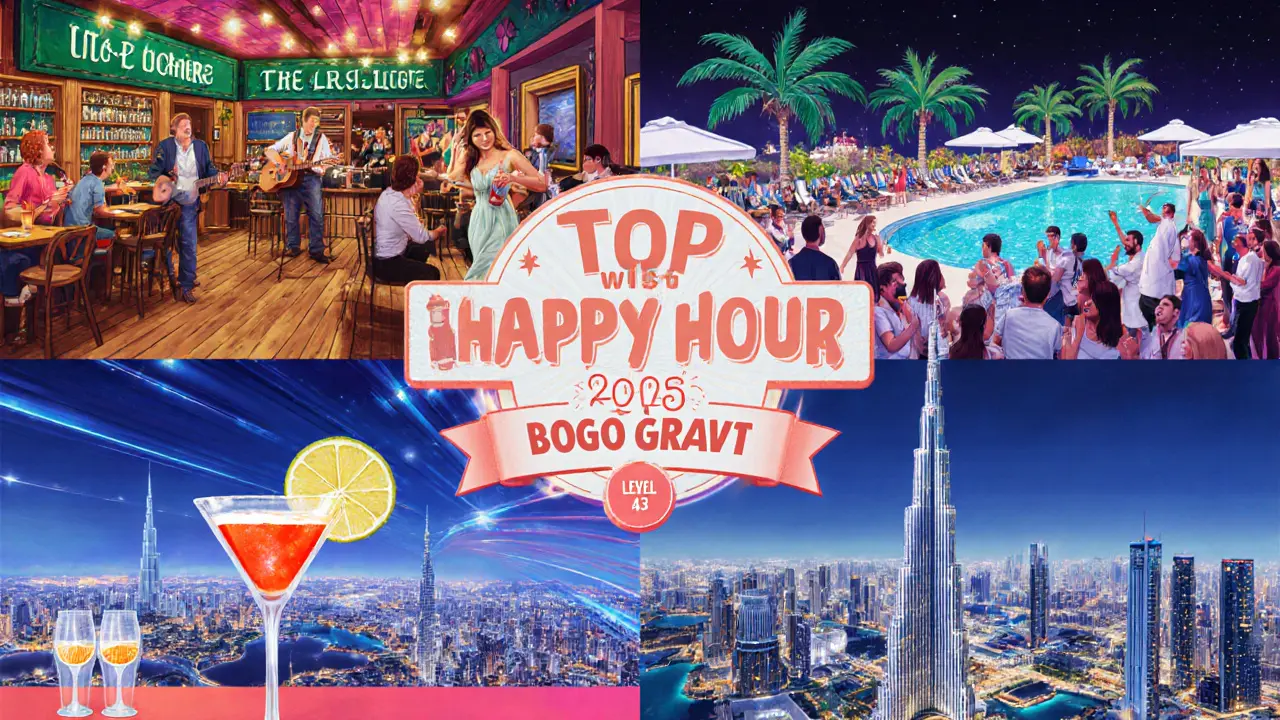 Illustrated collage of five Dubai happy‑hour venues with their distinct themes.