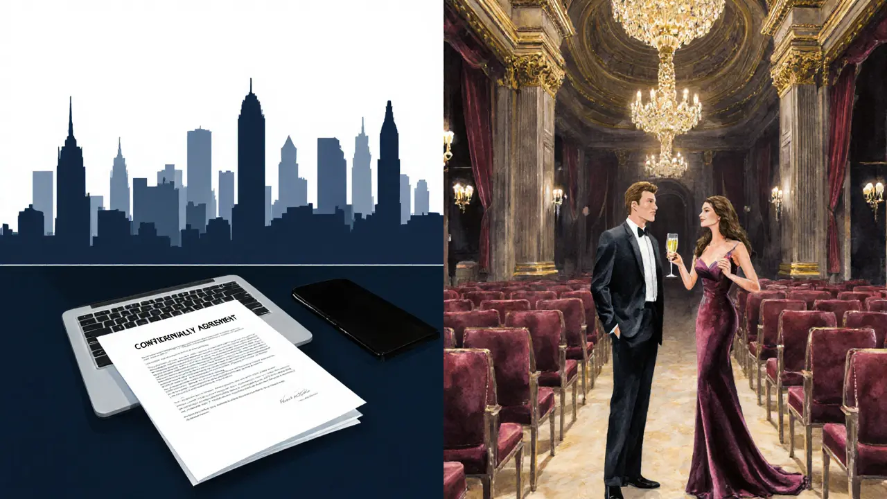 Illustration split between office setting and La Scala opera, showing work and leisure balance.
