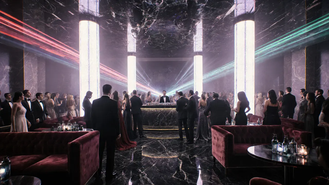 Inside Jimmy'z nightclub showing stylish guests, LED lights, and DJ booth.