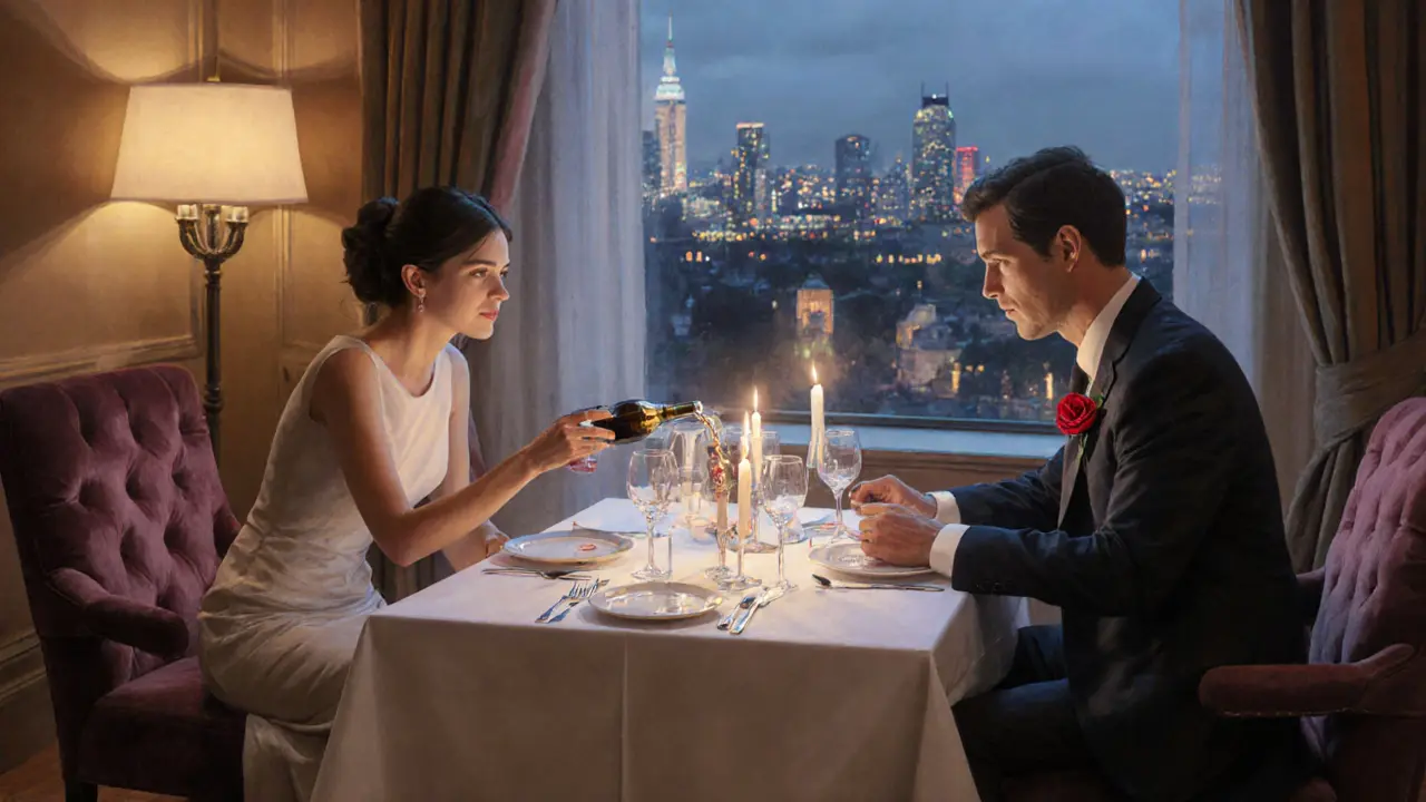Luxury hotel suite dinner with a companion serving wine, city lights visible through the window.
