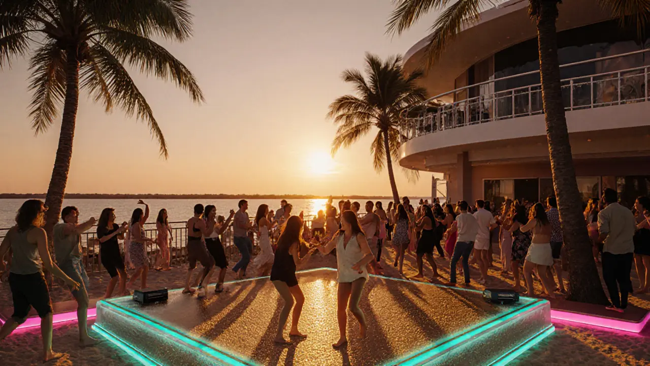 Mina Club beachside dance floor at sunset with neon lights and crowd.