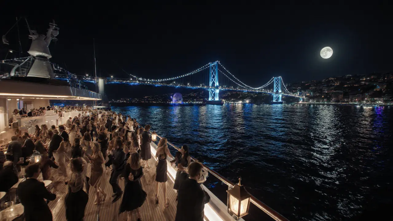 Nighttime Bosphorus cruise with dancing guests and illuminated bridges.