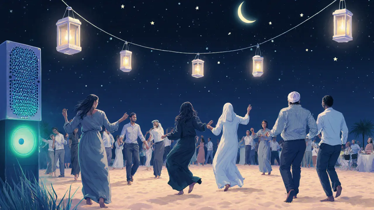 People dancing barefoot on a beach at night under stars with lanterns and music.