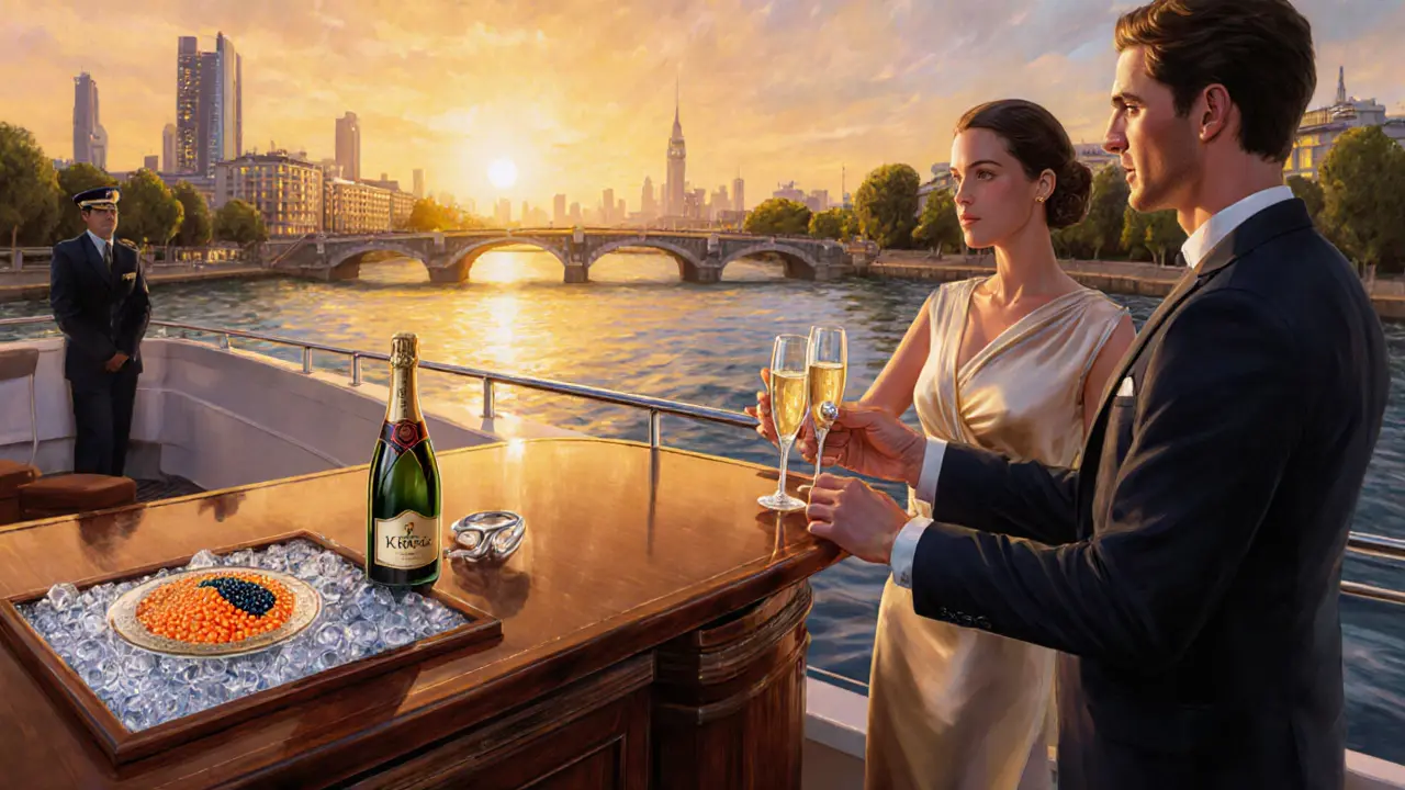 Private yacht at sunset on the Spree, featuring champagne, caviar, and a gift exchange.