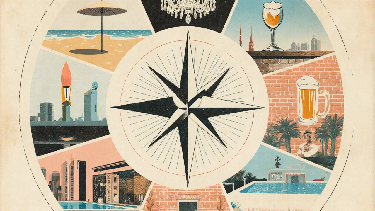 Retro guide cover showing stylized icons of Abu Dhabi’s iconic nightlife venues.