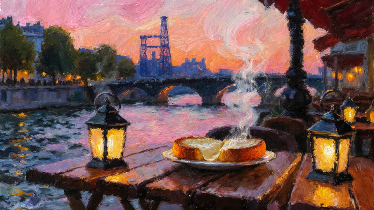 Riverside venue at night with a croque-monsieur and glowing Seine