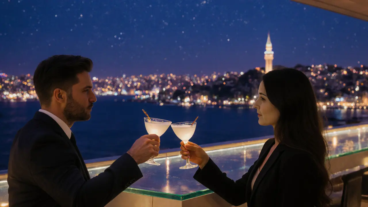 Rooftop lounge in Karaköy with couple toasting raki, Bosphorus lights behind.