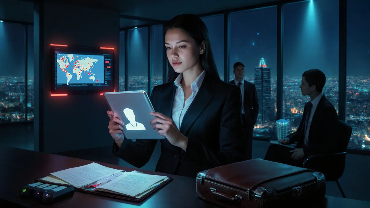 Secure client verification scene showing a companion using a tablet with hidden security.