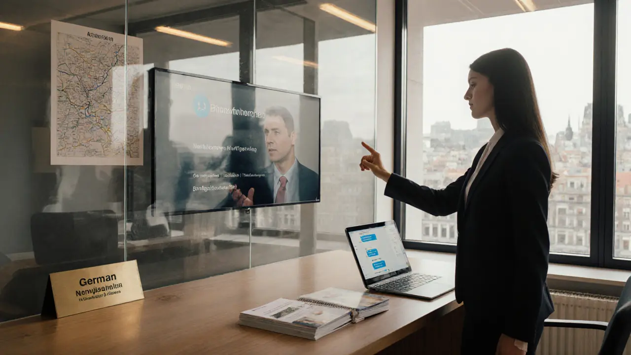 Sleek boutique agency office showing encrypted chat on a laptop and multilingual brochures.