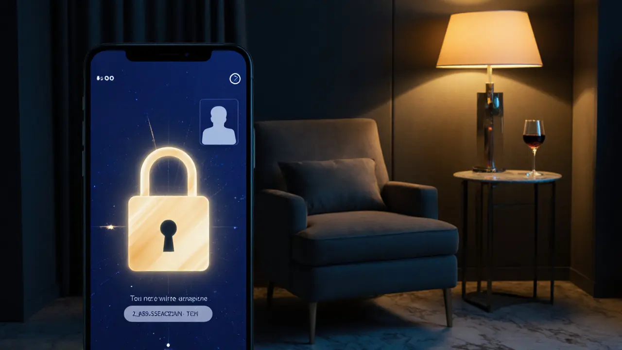 Smartphone shows encrypted booking screen with padlock; luxury hotel suite visible in background.