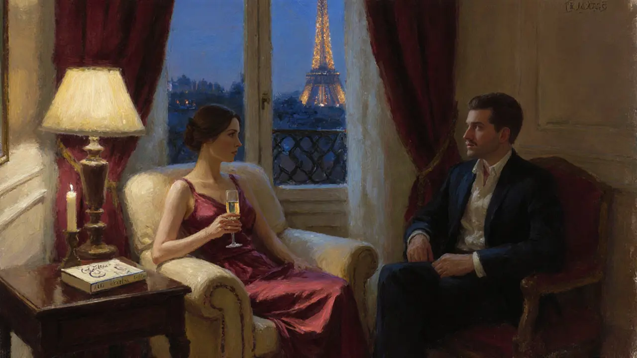 Two people sit in quiet companionship in a softly lit Paris hotel room, the Eiffel Tower glowing beyond the window.