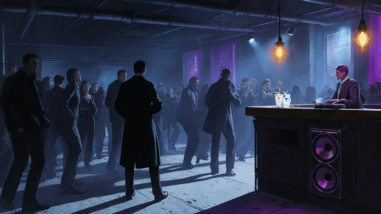 Underground club in Teatro degli Arcimboldi with crowd dancing to techno in dim industrial lighting.