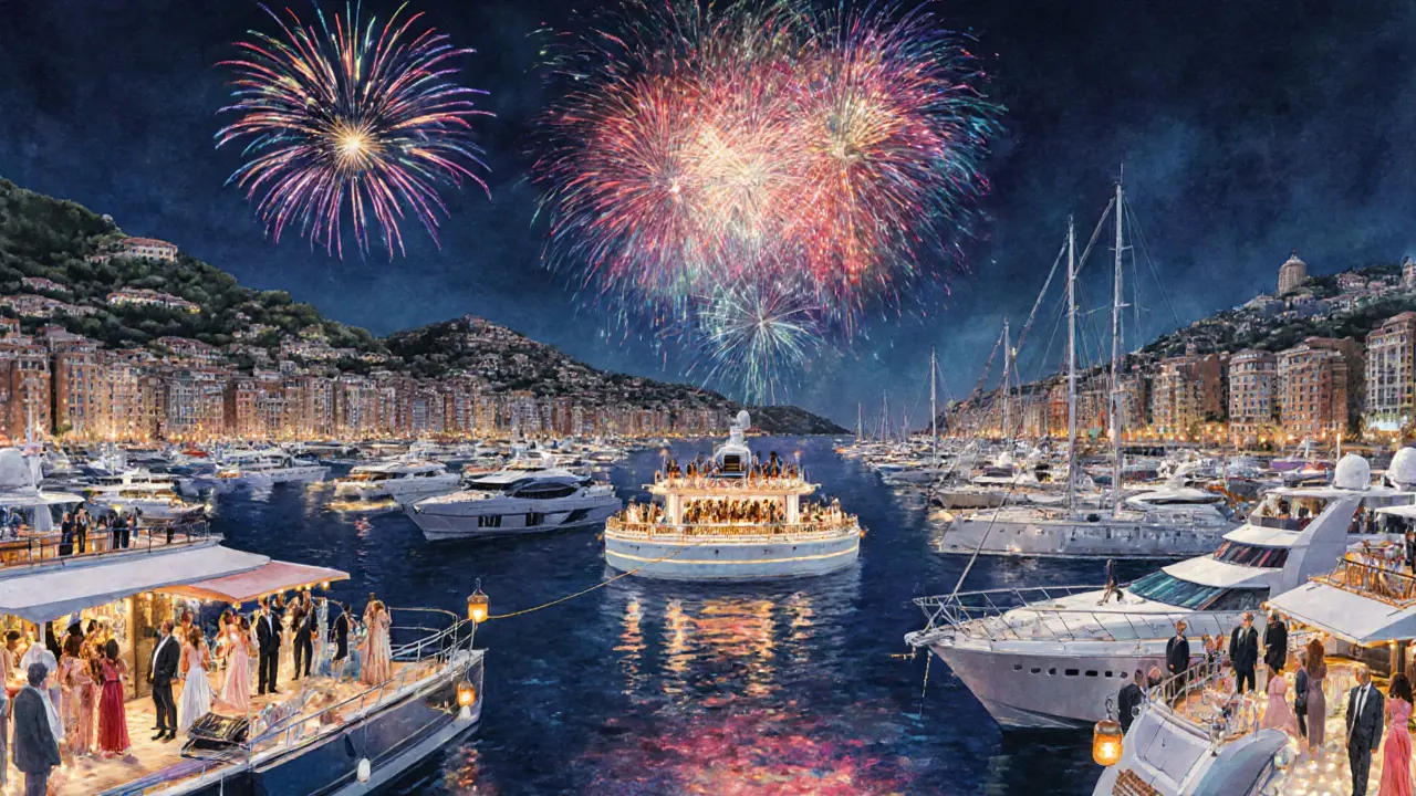 Watercolor scene of a glamorous yacht party with fireworks and stylish guests.