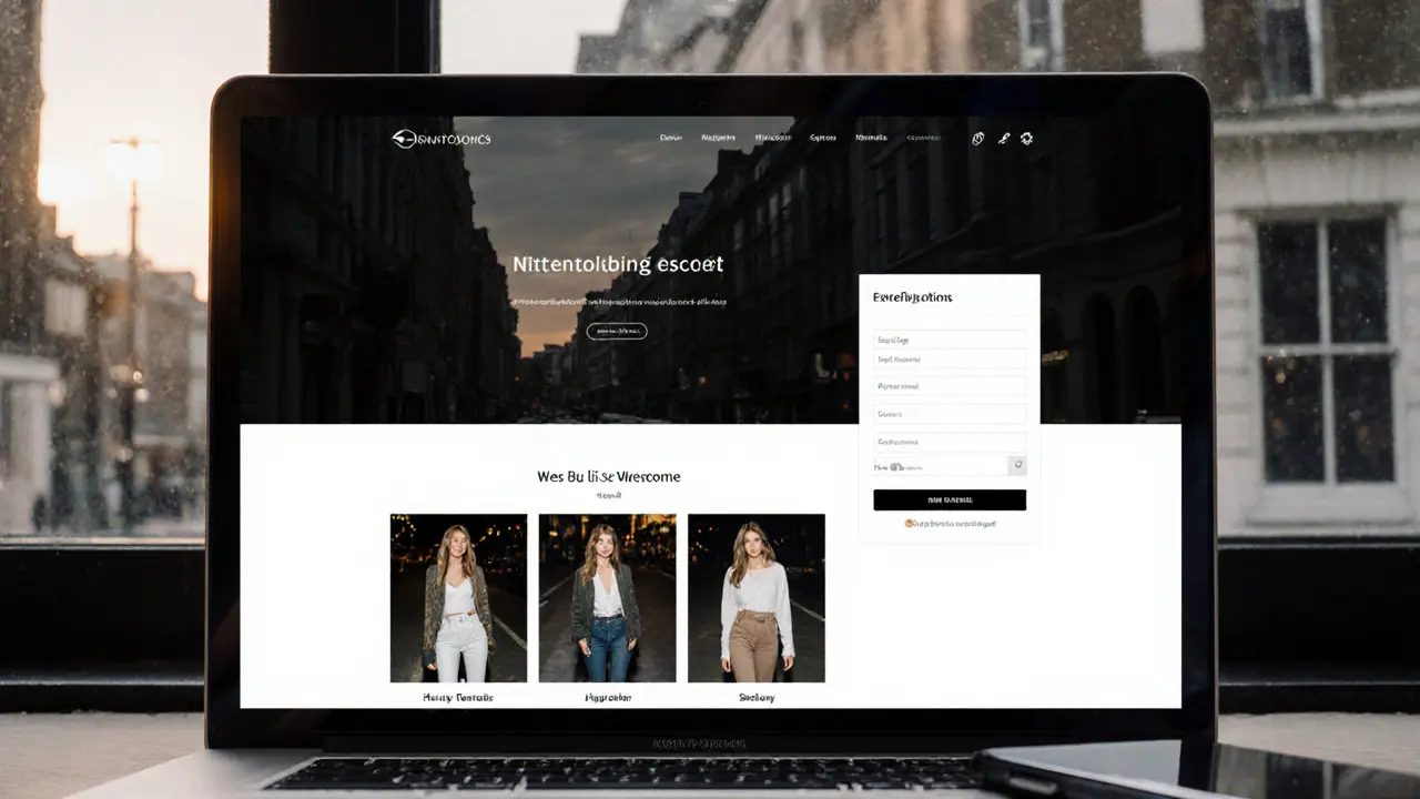 A clean, minimalist escort agency website on a laptop with authentic photos and a Signal notification, set against a rainy London night outside the window.