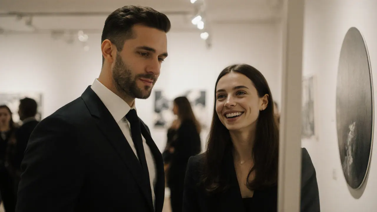 A client and escort engaging thoughtfully at an art gallery opening in Mayfair.
