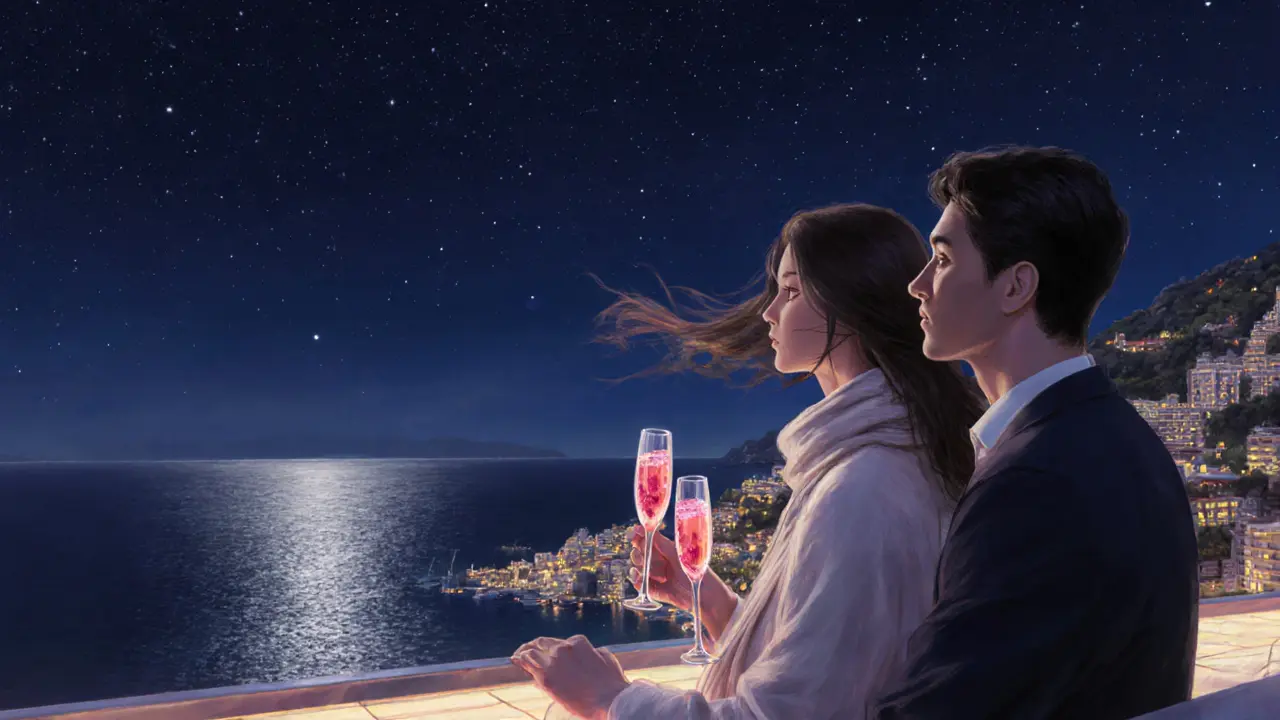 A couple at Sky Bar, silhouetted against the stars and glowing Monaco skyline, holding champagne flutes.