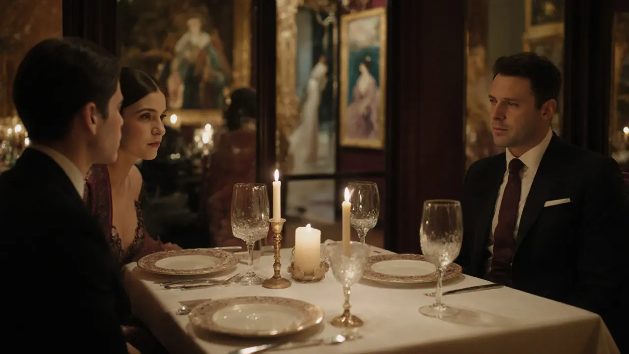 A couple enjoys a private dinner at Le Cinq, surrounded by art and candlelight, deep in conversation with no technology in sight.